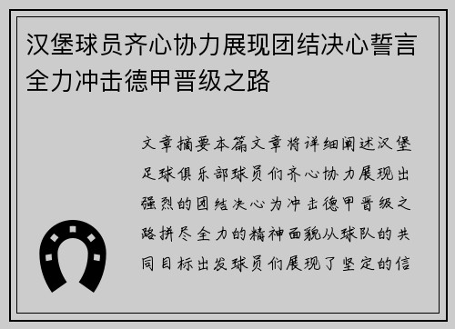 汉堡球员齐心协力展现团结决心誓言全力冲击德甲晋级之路