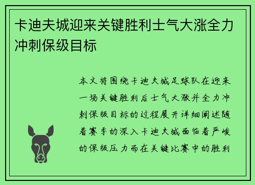 卡迪夫城迎来关键胜利士气大涨全力冲刺保级目标