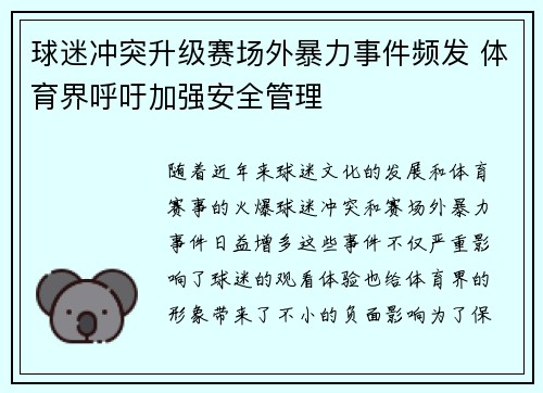 球迷冲突升级赛场外暴力事件频发 体育界呼吁加强安全管理
